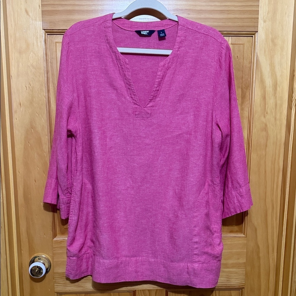 Lands' End Pink Women's Linen Blend Tunic Top, V-Neck, With Pockets. Size Large.